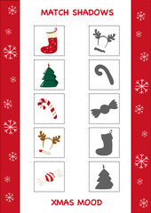 Cut and glue. Find shadows. Educational Development Worksheet. Cards for kids on a New Year theme. A3 format is ready for printing. Vector file.