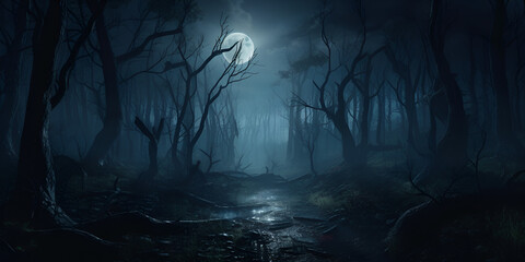 Spooky forest with full moon for Halloween atmosphere, Illustration of dark scary forest under clouds of fog. a scene from a horror movie, smoke, mist. Generative Ai
