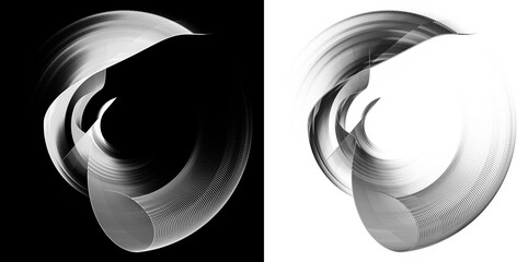 Gracefully curved wavy layered blades spin on black and white backgrounds.  Set. Icon, logo, symbol, sign. 3D rendering. 3D illustration.