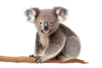Koala sitting on tree branch isolated on white background
