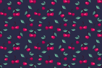 Seamless creative cute cherry pattern on a dark blue background. Summer berries, fruits, leaves, background print. Vector hand drawn fruits illustration. Design for fashion, fabric, wallpaper.