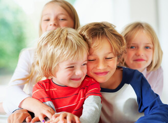 Family, brothers or sisters for hug together for love, relax wellness and happiness with sibling...