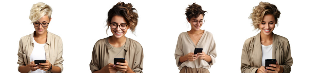 Set happy woman using mobile phone for texting or talking isolated on transparent white background, concept of social networks and modern communication - Powered by Adobe