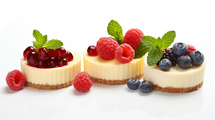 Set of cheesecakes with fresh berries and mint isolated on white background, AI Generative.