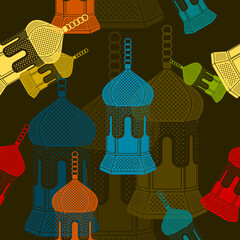 Editable Flat Style Arab Lamps Vector Illustration With Various Colors as Seamless Pattern With Dark Background for Islamic Occasional Theme Such as Ramadan and Eid or Arab Culture
