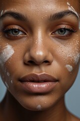 Close-up portrait of a black woman using a white mask, cream, face paint. Cosmetics, make-up, care, beauty, youth concepts.
