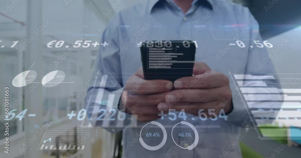 Poster animation of financial data processing over caucasian businessman using smartphone