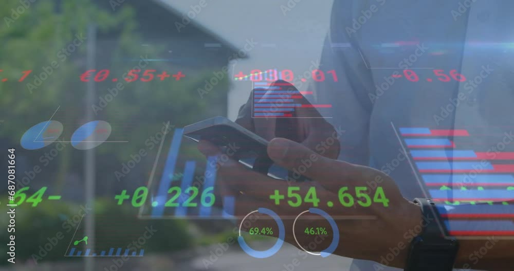 Poster animation of financial data processing over caucasian businessman using smartphone