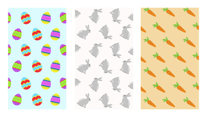 Happy Easter Set of background, greeting cards, posters, holiday covers. Trendy design carrot , eggs and bunny, in pastel colors. Modern art minimalist style.
