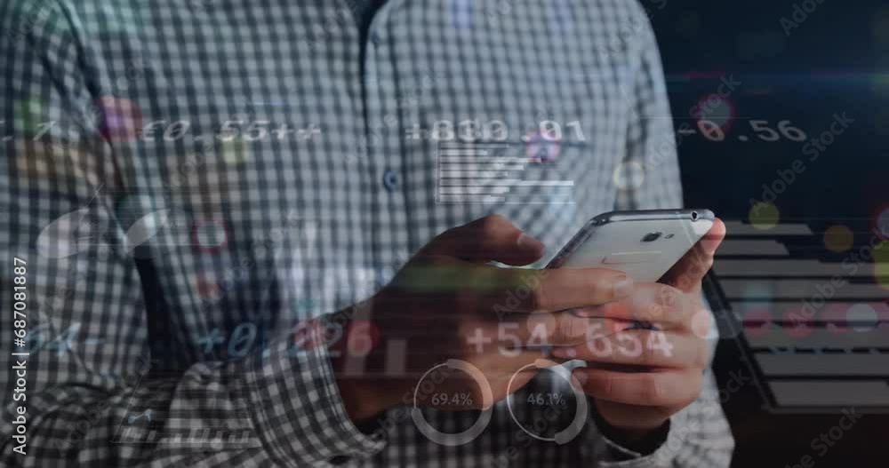 Poster animation of financial data processing over caucasian businessman using smartphone
