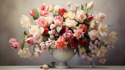 a mixed bouquet of roses and tulips, their diverse colors and textures coming together in a harmonious and captivating floral display against a blank canvas.