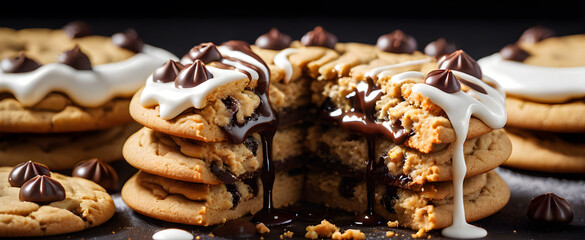 Chocolate chip cookies with moist chocolate syrup. - obrazy, fototapety, plakaty