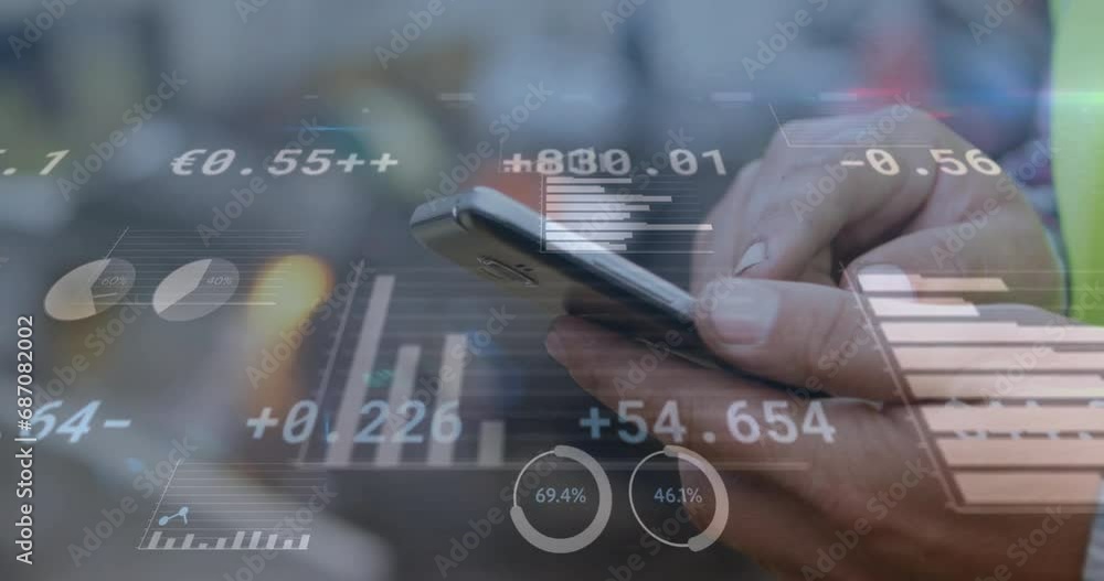 Poster Animation of financial data processing over caucasian businessman using smartphone