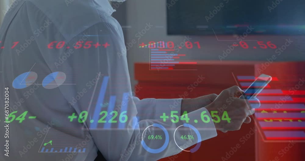 Aufkleber animation of financial data processing over caucasian businessman using smartphone