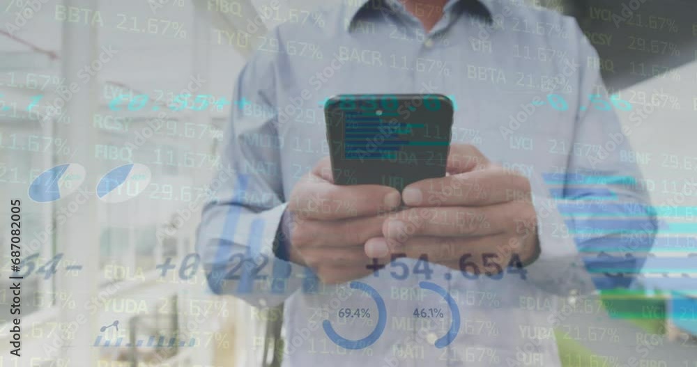 Poster animation of financial data processing over caucasian businessman using smartphone