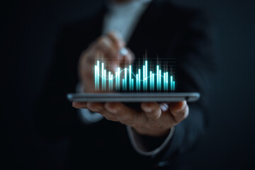investment financial growth of business man touch investment growth graph chart and analysing...