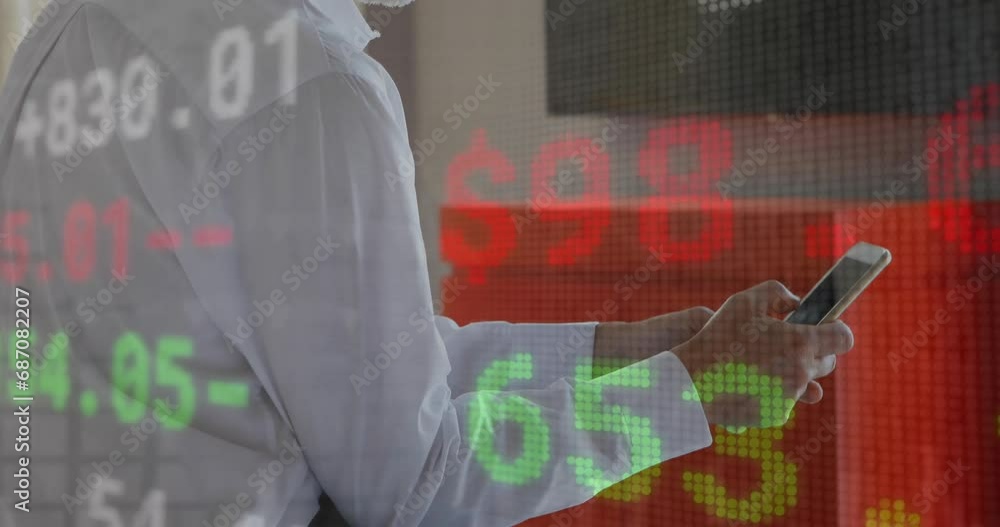 Poster animation of financial data processing over caucasian businessman using smartphone