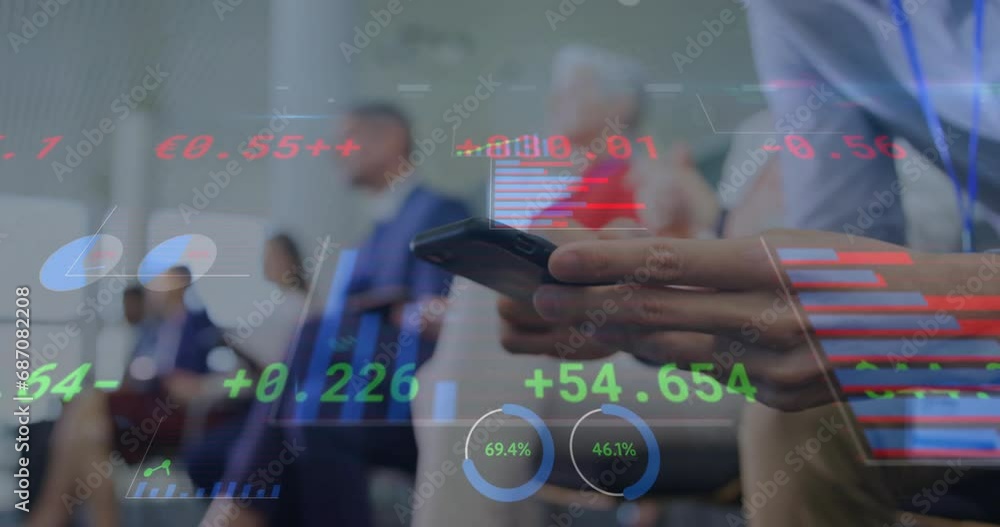 Poster animation of financial data processing over caucasian businessman using smartphone