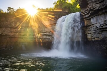 Amazing nature landscape, beautiful waterfall at sunrise