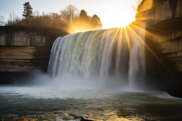 Shot of dawn sunlight shimmering on waterfall spray