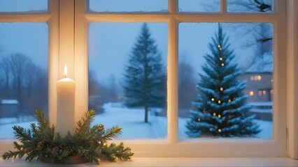 Generative AI Christmas candle at a window, decorated Christmas tree outside