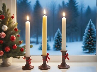 Generative AI three candles at a window next to the Christmas decorations, three decorated trees outside