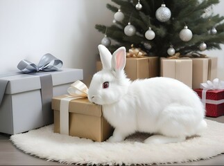 Generative AI white rabbit sitting next to the Christmas tree