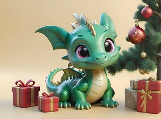 Generative AI 3D image of a green dragon cartoon character next to the Christmas decorations