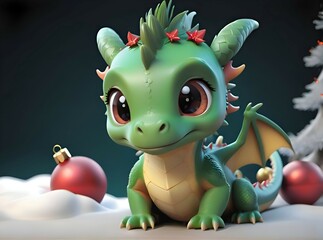 Generative AI 3D image of a green dragon cartoon character next to the Christmas decorations
