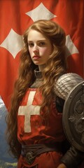 Fototapeta na wymiar Helvetia's Finest: A Swiss Warrior Woman with Pike and Shield in Heroic Pose, Symbol of Strength and Union
