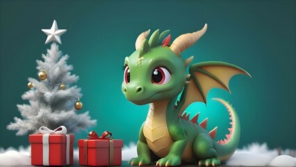 Generative AI 3D image of a green dragon cartoon character next to the Christmas decorations