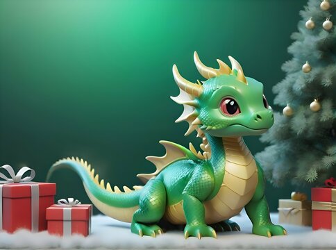 Generative AI 3D image of a green dragon cartoon character next to the Christmas decorations