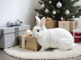 Generative AI white rabbit sitting next to the Christmas tree
