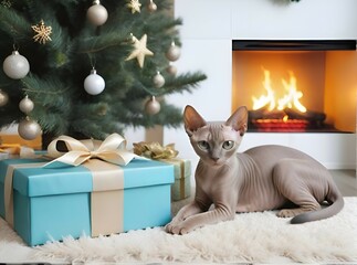 Generative AI white cat lying by the fireplace next to the Christmas tree