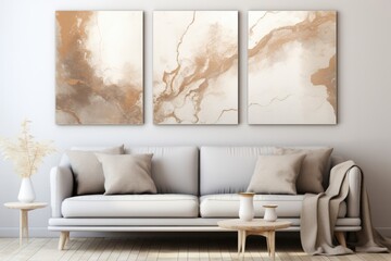 Abstract Triptych Art: Acrylic and Watercolor Smear Blot Painting Creates Beige, Brown and Gold Canvas Texture Horizontal Background