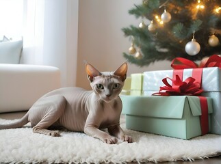 Generative AI cat lying next to the Christmas tree