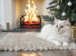 Generative AI white cat lying by the fireplace next to the Christmas tree