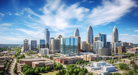 Aerial view of Charlotte, NC skyline and financial district in North Carolina - a luxurious US city landscape - obrazy, fototapety, plakaty