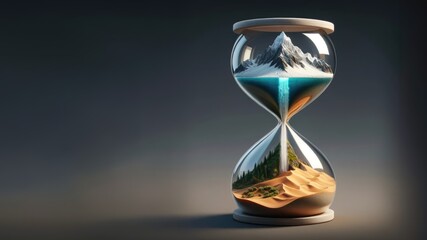 An artistic hourglass displays a microcosm of nature, featuring a majestic glacier melting into a waterfall that transitions into a serene desert landscape.