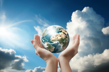 Hands holding planet Earth globe on sky background. Ecological awareness, global peace, and harmonious life without conflict and war. Environmental stewardship and a peaceful coexistence concept.
