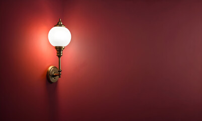 Simple lamp hangs on red wall and illuminates it, space for text or presentation