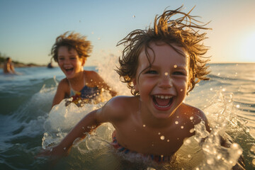 Seaside Giggles - Siblings Chasing Waves at Dusk