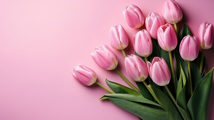 Layout of pink tulips on a pink background