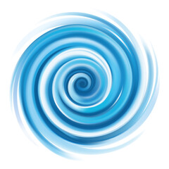 Blue abstract spiral vortex wave of water, liquid spinning in a whirlpool. On white background.