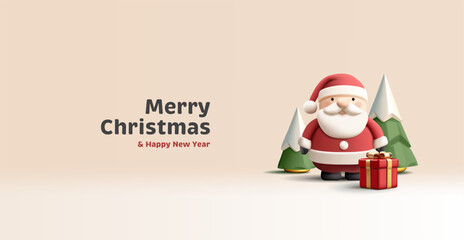 3d render realistic Santa Claus character with red goft box and Christmas trees with snow, cartoon rounded shapes, isolated