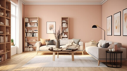 Naklejka na ściany i meble Cozy Modern Living Room with Luxurious Furniture and Large Windows