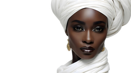 Portrait of beautiful African woman wearing headscarf isolated on white background with copy space. - obrazy, fototapety, plakaty