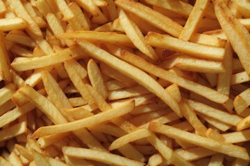 Close-up texture with freshly cooked French fries. Fast food background.