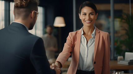 Happy mid aged business woman manager handshaking greeting client in office. Smiling female executive making successful deal with partner shaking hand at work standing at meeting table. generative ai.