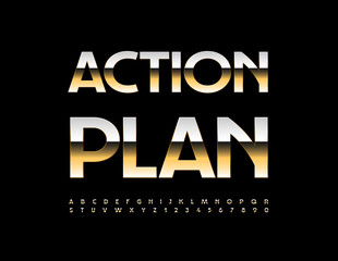 Vector premium template Action Plan. Glossy elite Font. Set of Gold Alphabet Letters and Numbers